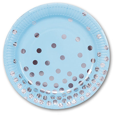 Горошек серебряный на голубом, 17 см,  тарелки бумажные одноразовые, 6 шт  